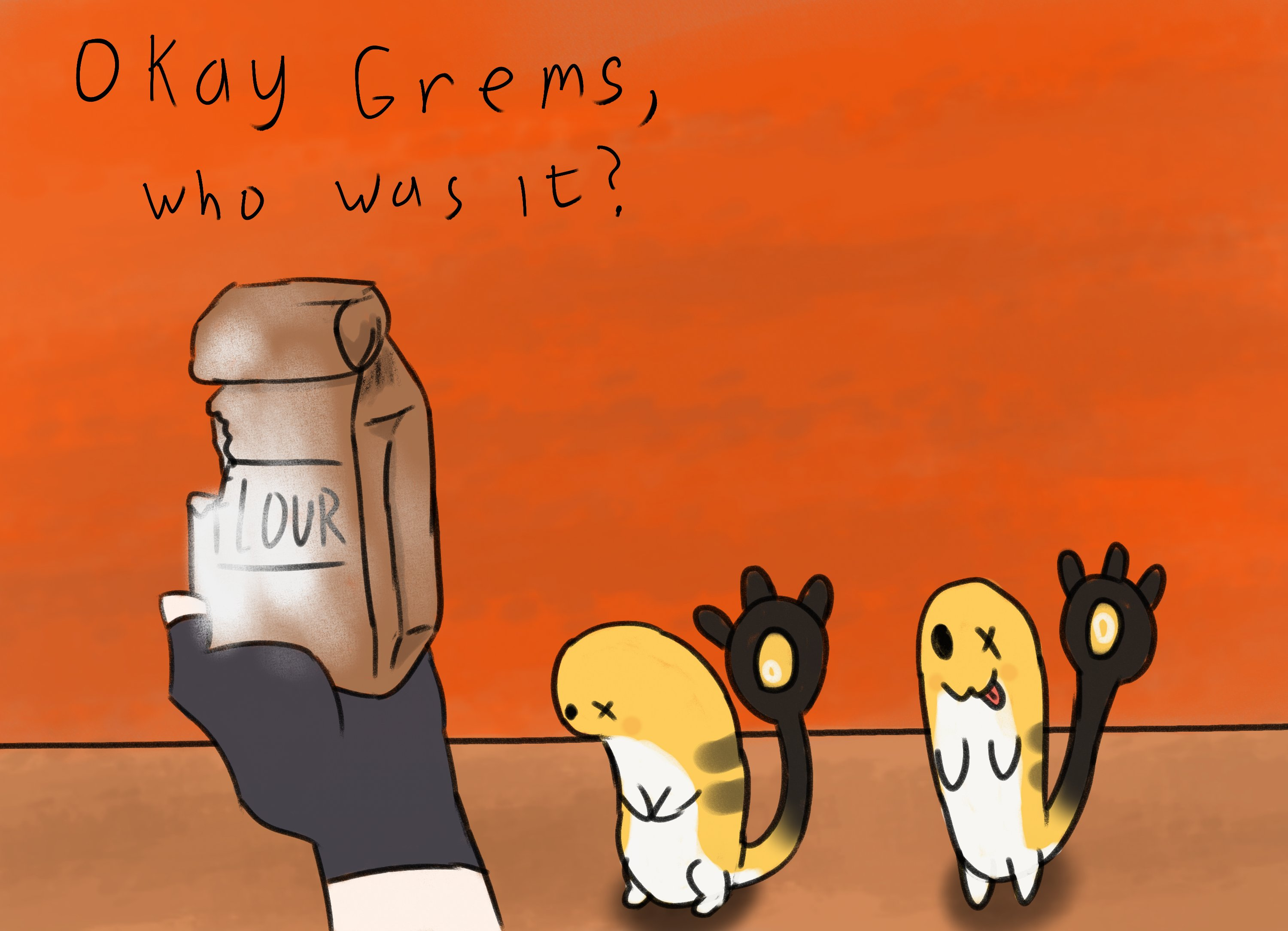 Grems being mischievous with a bag of flour